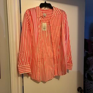Coral and White Striped Button-Up Shirt